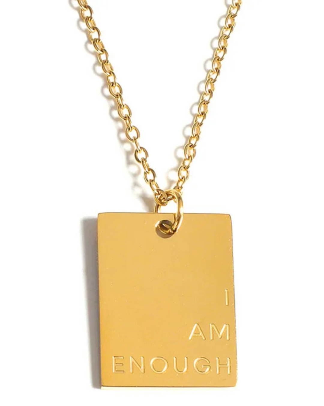 Close-up of the gold I Am Enough necklace on white background. A minimalist, dainty affirmation piece for everyday wear by women who know their worth.