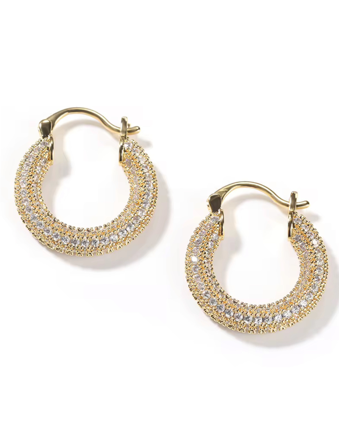Main Character hoop earrings with bedazzled CZ stones, luxury 18k gold plated stainless steel, hypoallergenic women's jewelry, sparkling round hoop design on white background.