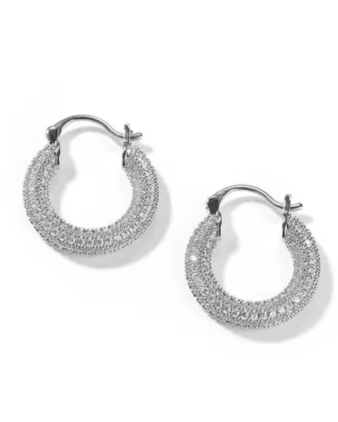 Silver Main Character Hoop Earrings with bedazzled CZ stones, luxury circle-shaped-hoops for women, 18k plated hypoallergenic stainless steel, perfect for parties, dressy occasions, and evening glam looks.