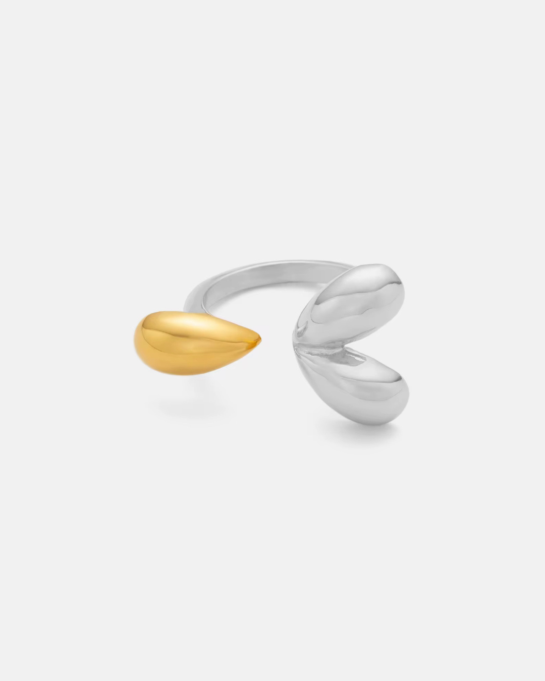 Modern Muse Ring in polished silver and gold with a sculptural open band design. A luxury statement ring that blends modern elegance with everyday versatility for women.
