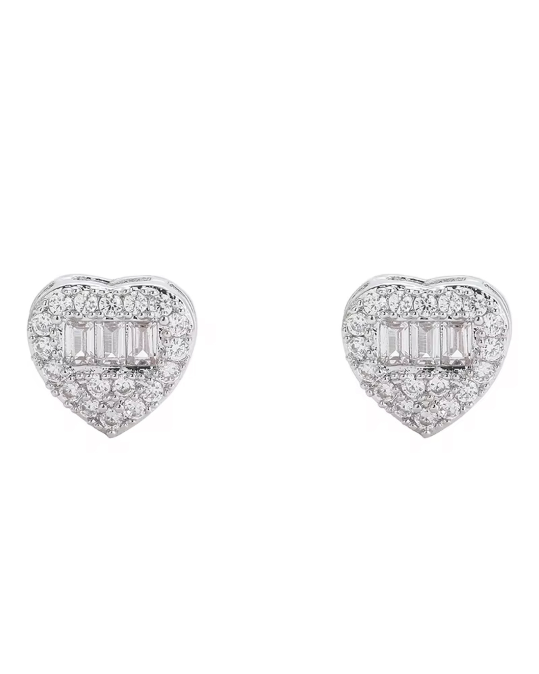 Queen of Heart earrings in polished silver with sparkling CZ stones, luxury heart-shaped studs for women who love timeless elegance.