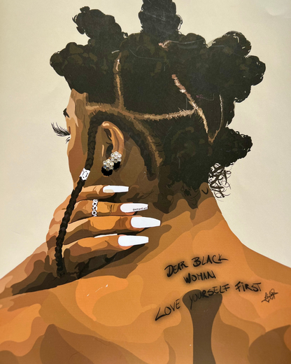 The All-Star earrings from I Am Luxury Accessories Boutique styled on Smard Art photo of a Black woman with bantu knots and white nails with the message that reads Dear Black Woman Love Yourself First. 