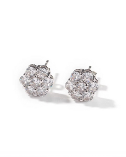 Pair of silver CZ flower cluster stud earrings on white background, floral-inspired sparkle.