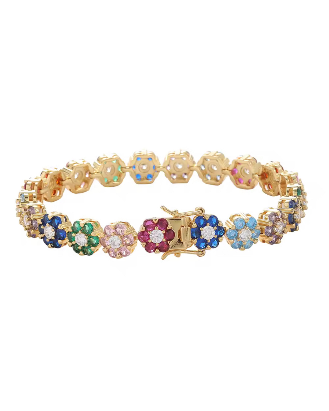 In Full Bloom Bracelet and Necklace – gold multicolor CZ floral cluster jewelry set with vibrant flower-shaped links in red, green, blue, purple, and pink stones.