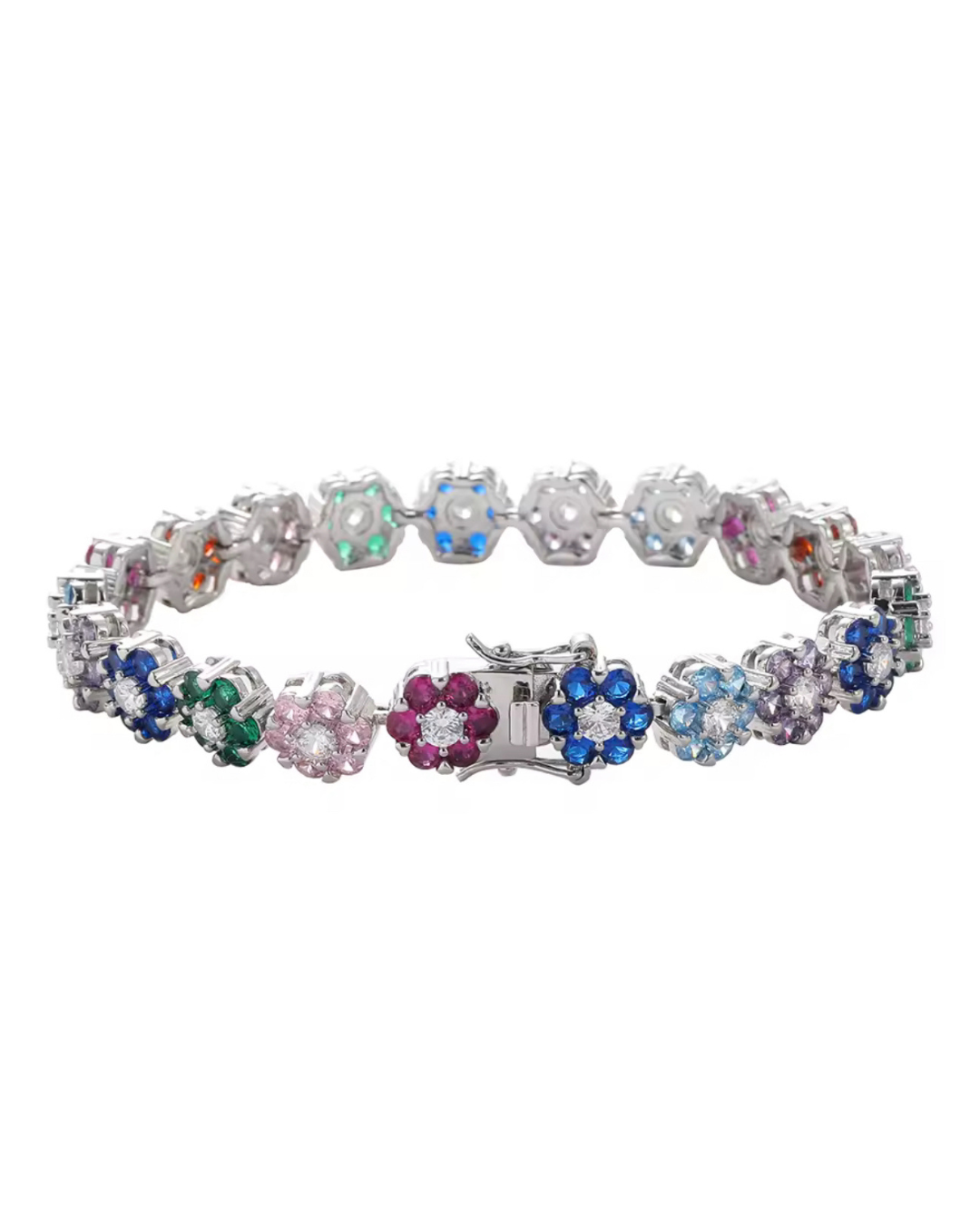 In Full Bloom Bracelet – silver stainless steel multicolor CZ floral cluster bracelet with vibrant flower-shaped links in pink, blue, green, and purple stones.