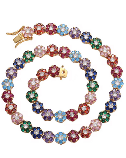 In Full Bloom Necklace in gold with colorful flower CZ stones. A luxury statement piece for women that adds  multicolor sparkle and bold elegance. 