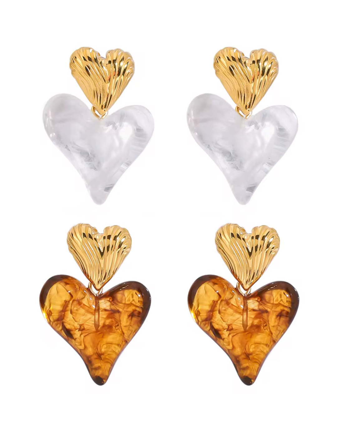 Love on Top Earrings shown in two variations — gold-tone heart studs with amber resin hearts and clear crystal resin hearts — from I Am Luxury Accessories Boutique.
