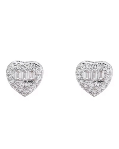 Queen of Heart earrings in polished silver with sparkling CZ stones, luxury heart-shaped studs for women who love timeless elegance. 