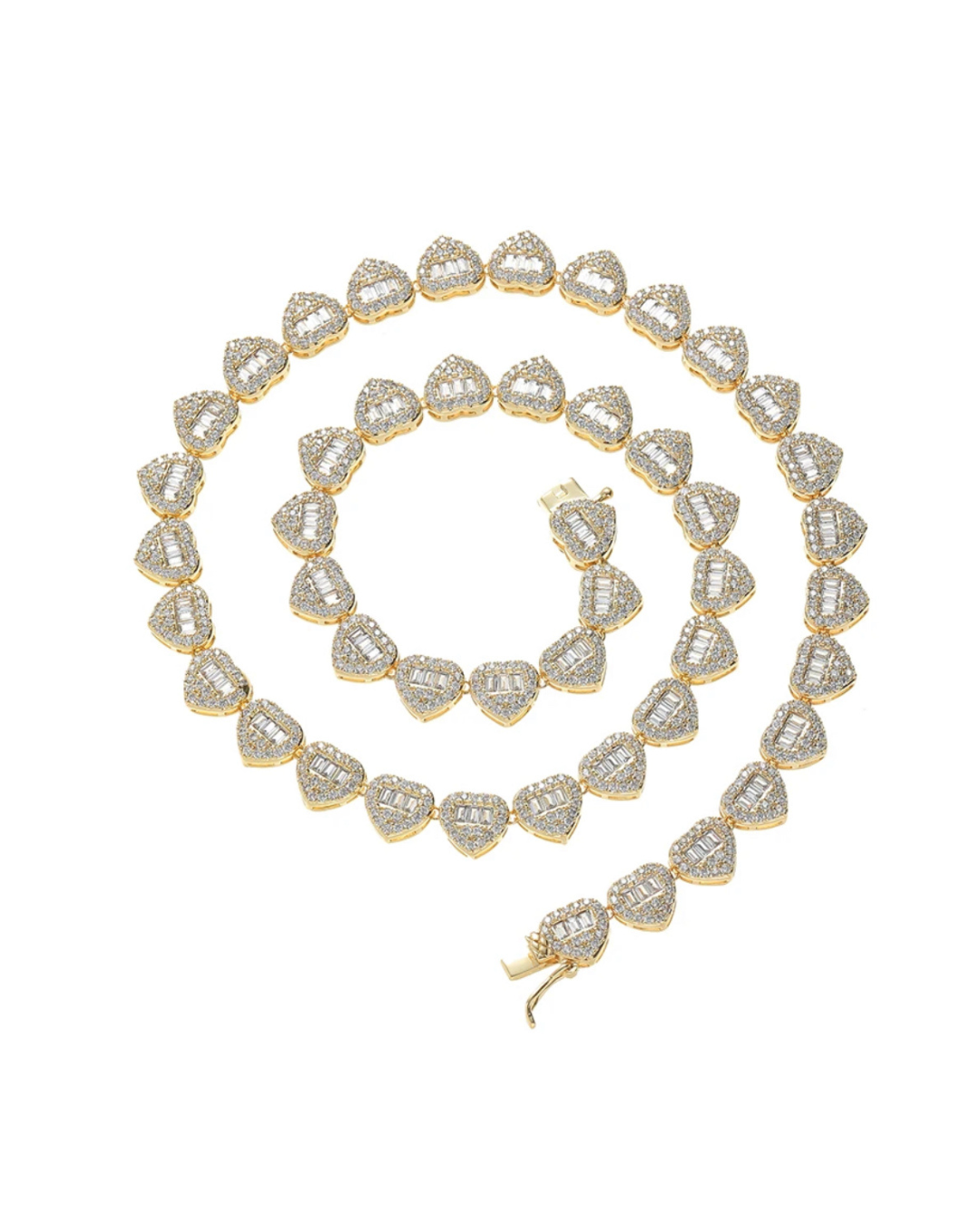 Queen of Hearts gold tennis heart necklace featuring CZ stones. A luxury statement chain designed for women who love romantic jewelry, timeless sparkle, and bold style. 