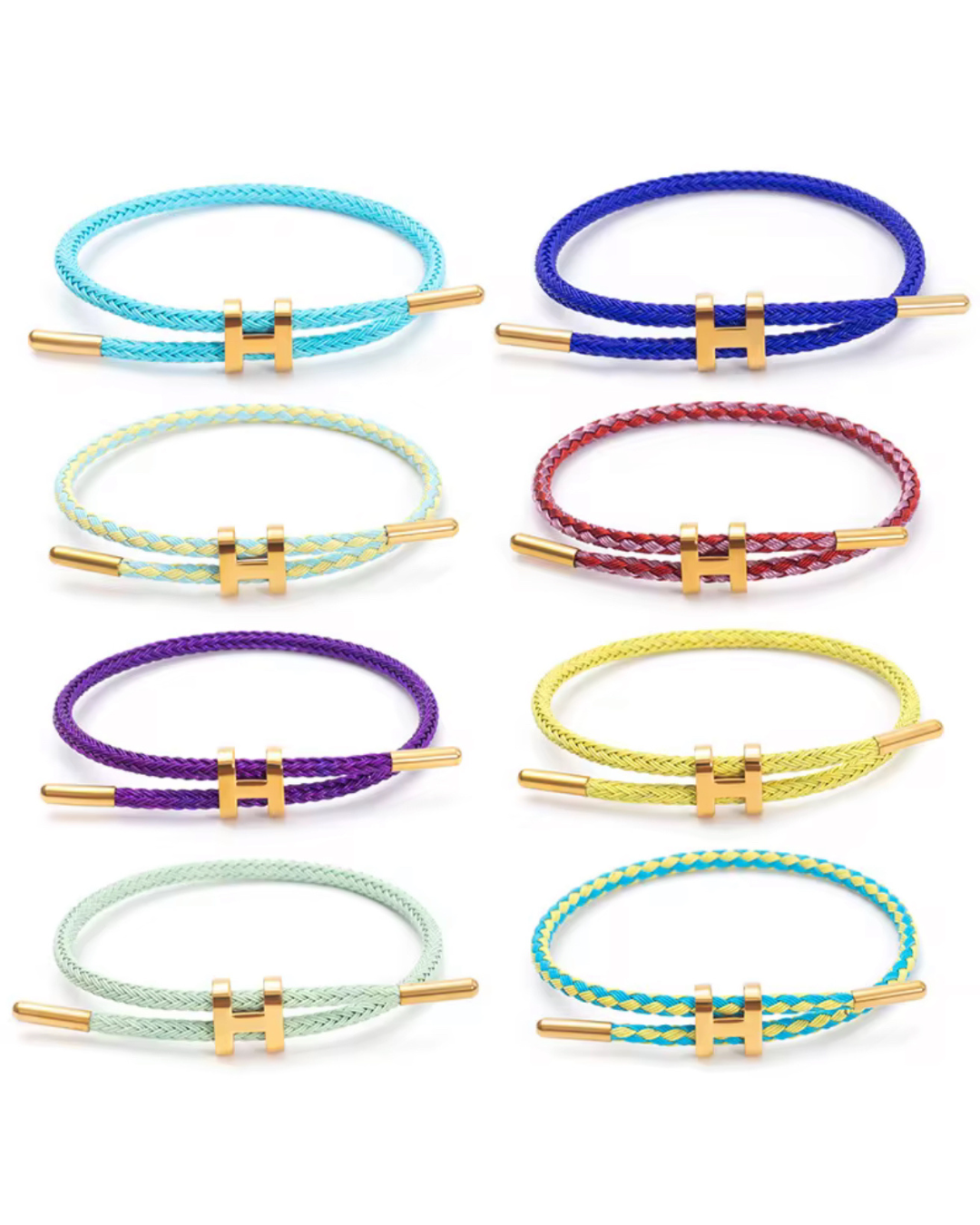 Stacked Like a Horse bracelets in multiple colors with braided leather design and gold H hardware. Bold statement jewelry for women with vibrant luxury vibes. Stack 1 or 10. 