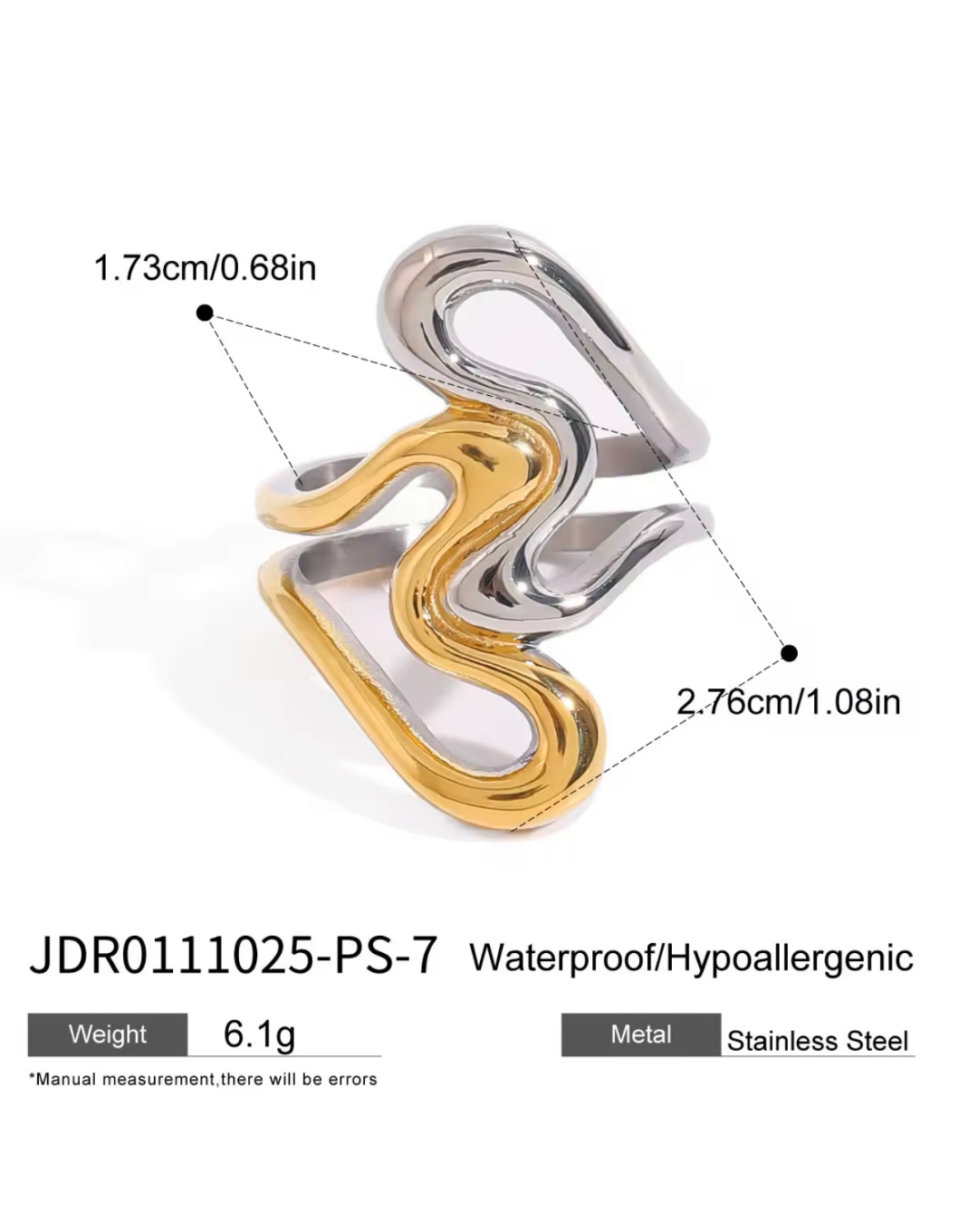 Close-up product image of the Untamed Ring in mixed gold and silver stainless steel with measurements shown, highlighting its waterproof and hypoallergenic design.