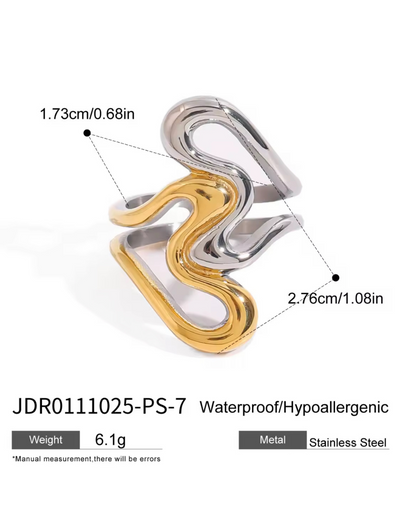 Close-up product image of the Untamed Ring in mixed gold and silver stainless steel with measurements shown, highlighting its waterproof and hypoallergenic design.