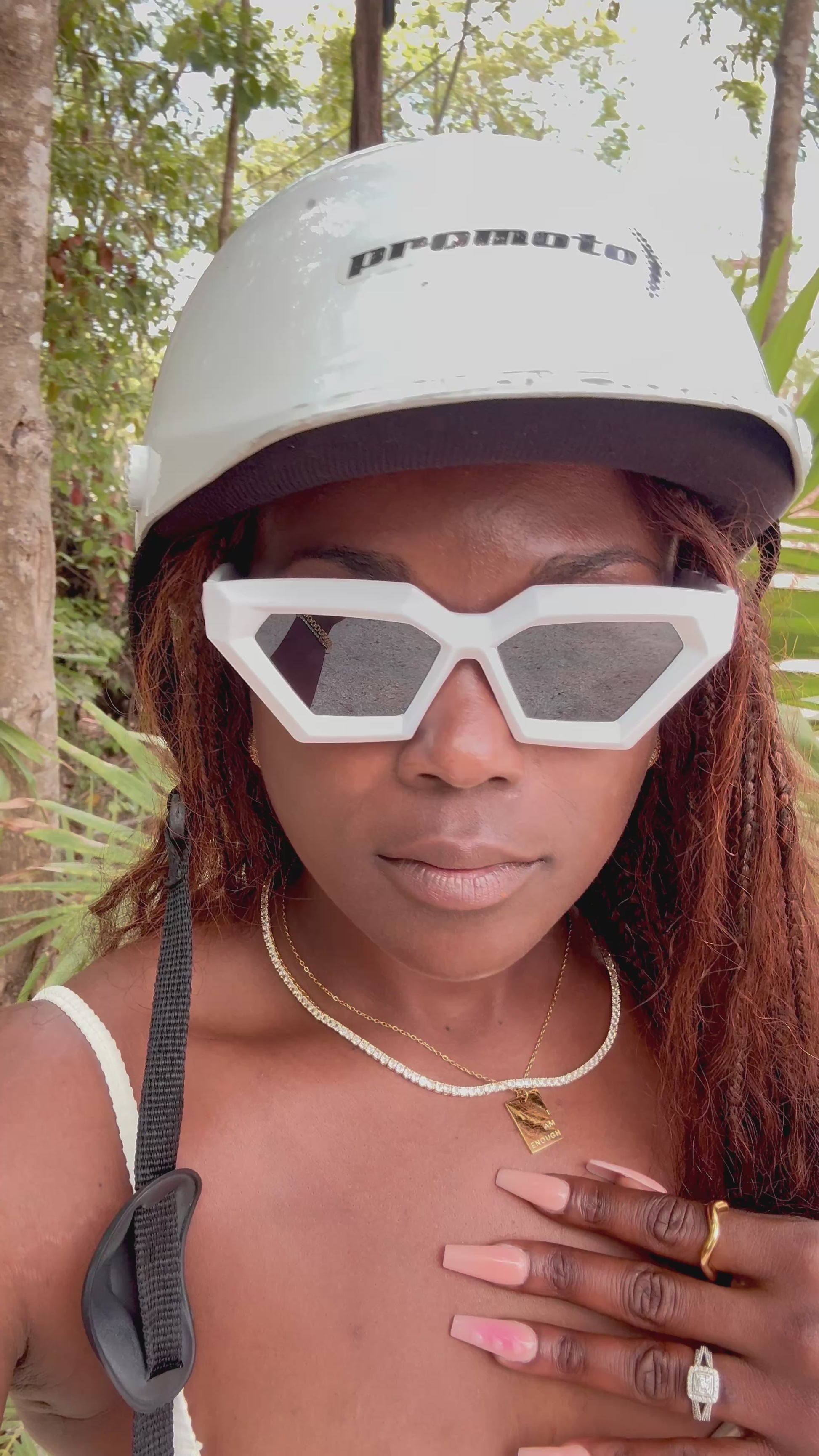 Vacation video in Tulum featuring a woman in swimwear wearing the Main Character Earrings in gold, styled with the I Am Enough Necklace and Essential Bae Tennis Necklace from I Am Luxury Accessories Boutique.